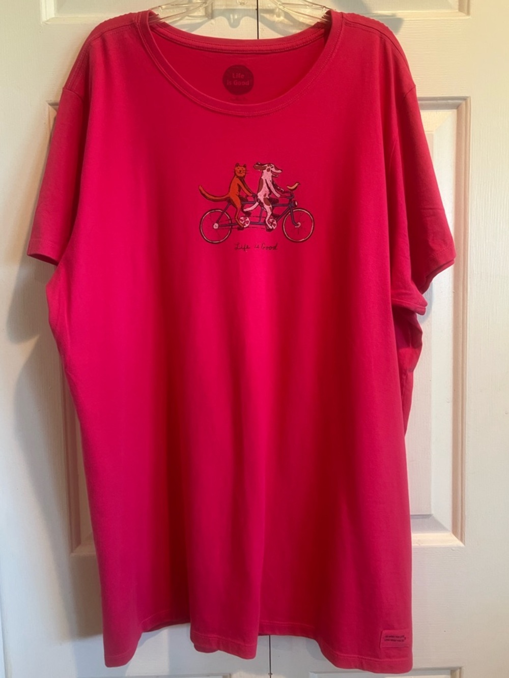 Life Is Good🩷Hot Pink Tee with Cat & Dog Tandem Bicycle Graphic